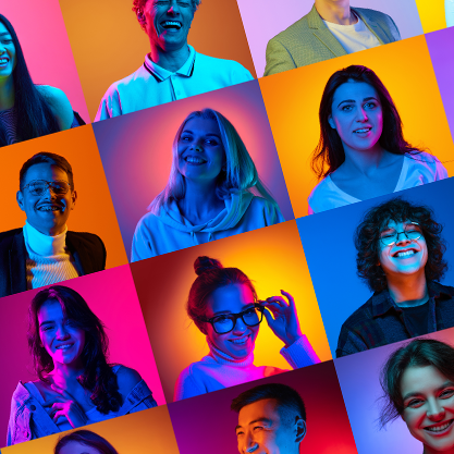 Auf einem bunten Hintergrund sind Portraits unterschiedlicher Menschen zu sehen